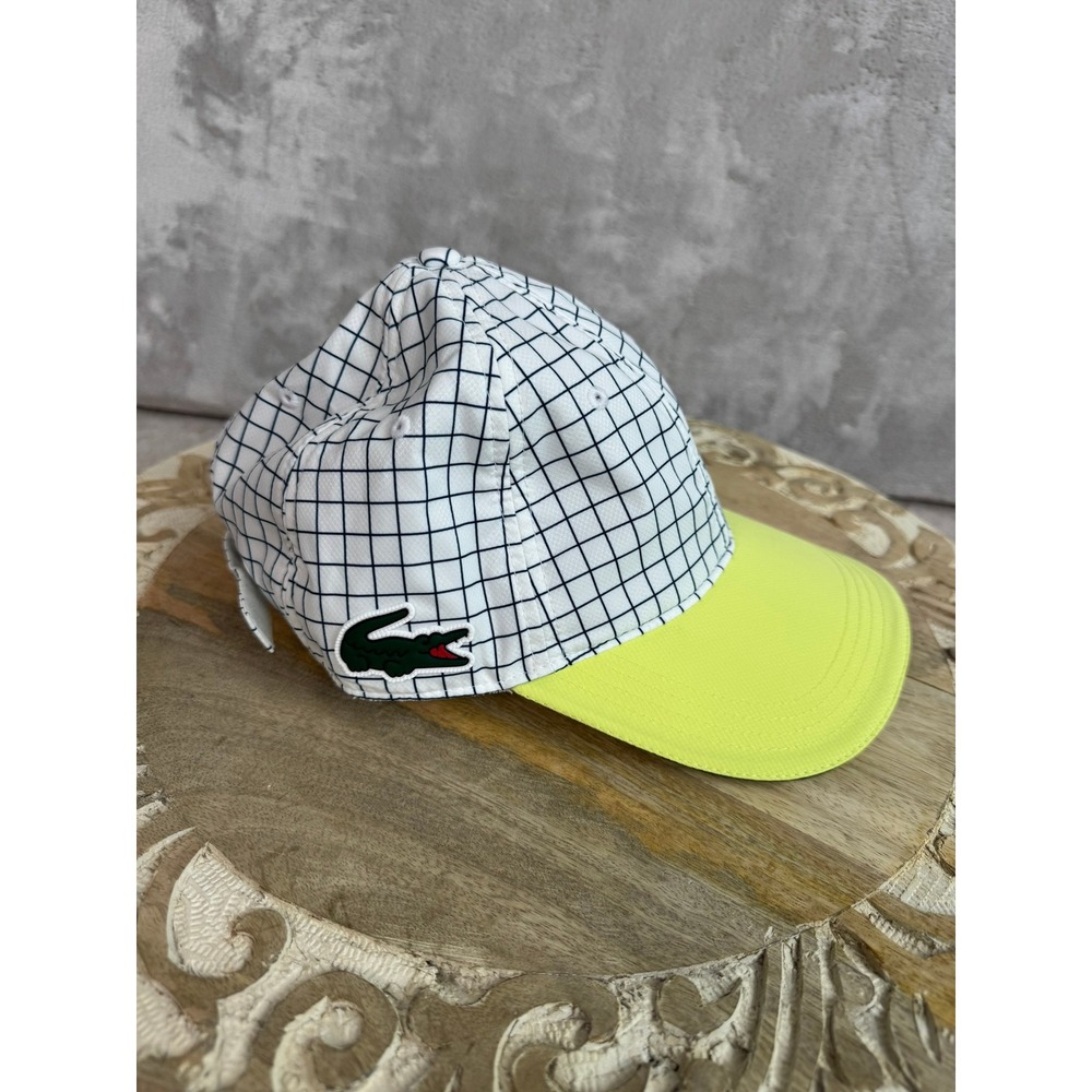 Lacoste Sport Mens White Grid Neon Yellow Brim Baseball Cap Hat One Size